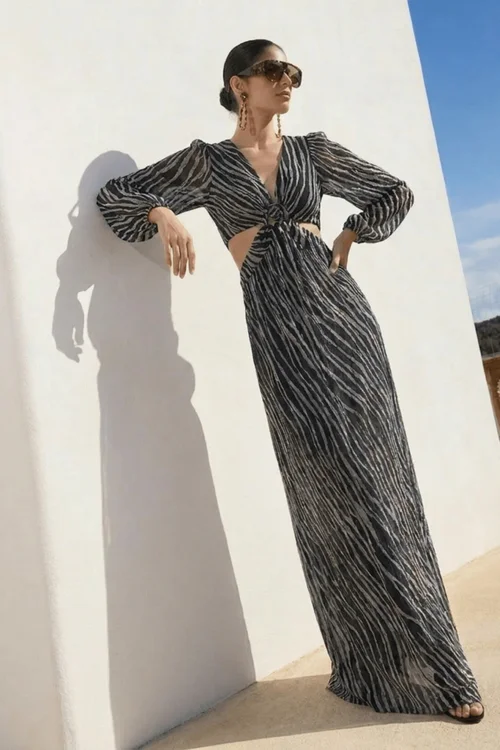 Style Cheat Black Metallic Zebra Tami Cut Out Maxi Dress - 10 Image 1