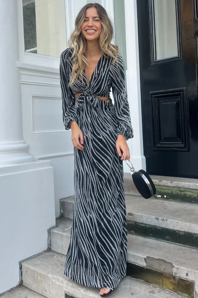 Style Cheat Black Metallic Zebra Tami Cut Out Maxi Dress