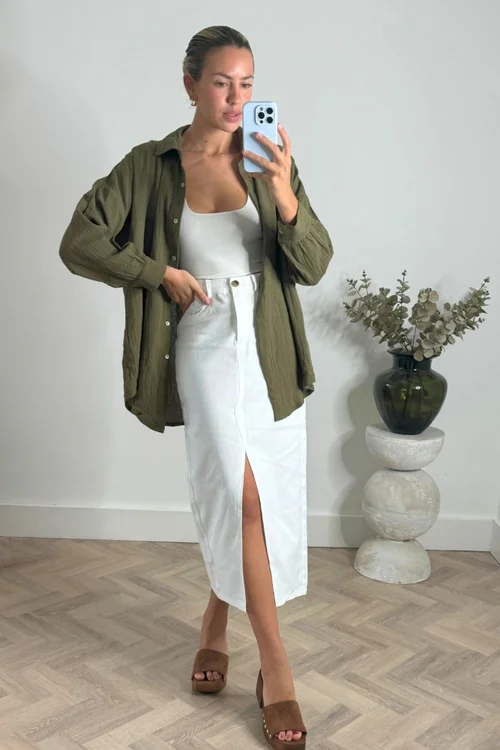 Style Cheat White Piper Midi Twill Skirt - 10 Image 4