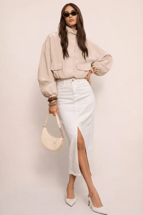 Style Cheat White Piper Midi Twill Skirt - 10 Image 1