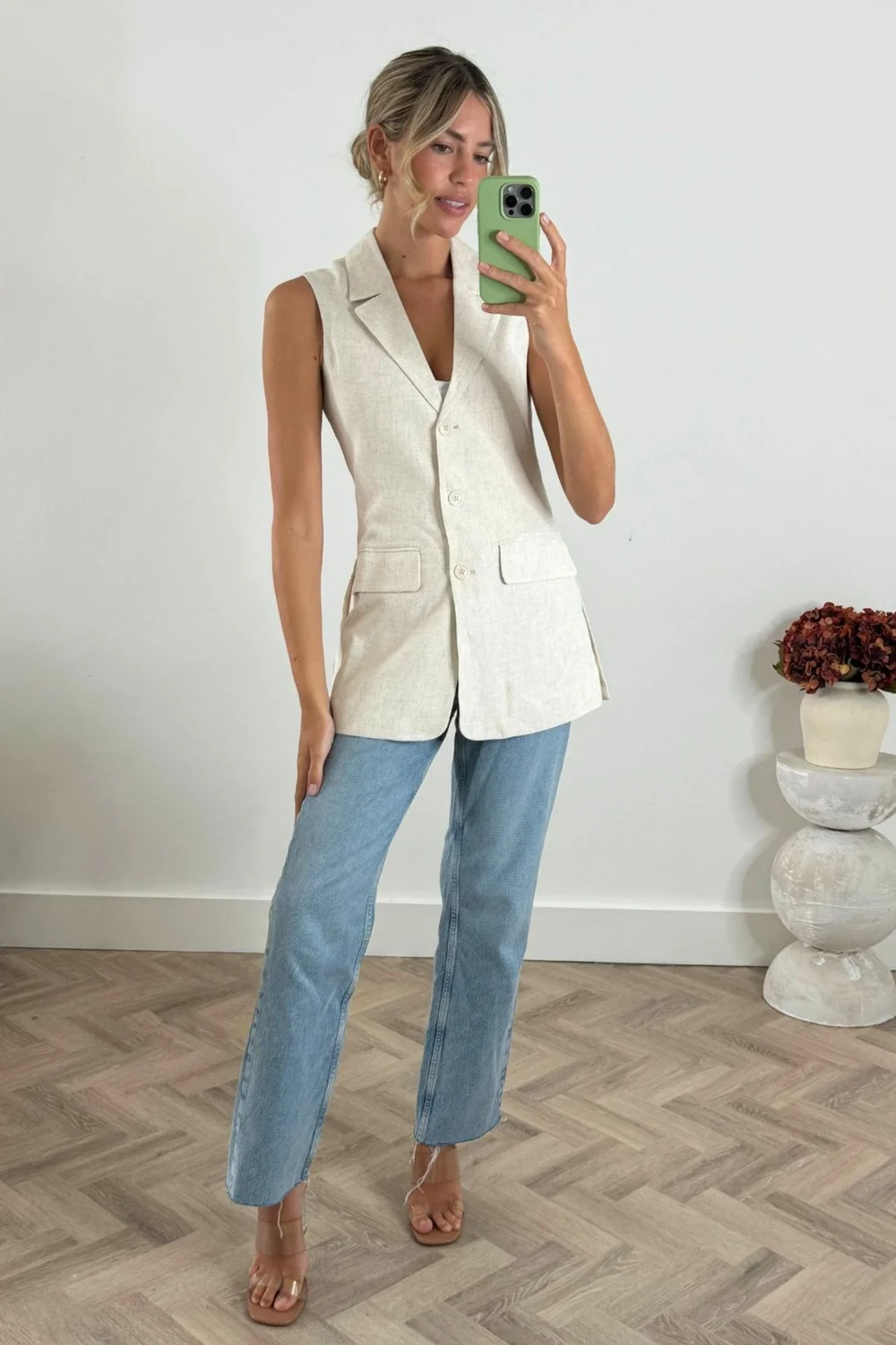 Style Cheat Beige Claire Sleeveless Blazer Neutral Linen - 6 Image 2