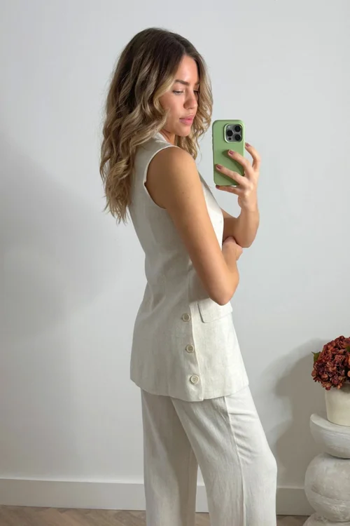 Style Cheat Beige Claire Sleeveless Blazer Neutral Linen - 6 Image 5