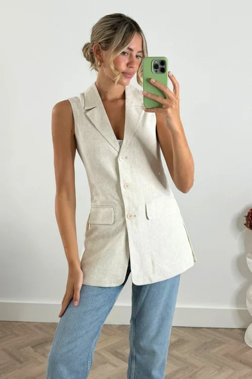 Style Cheat Beige Claire Sleeveless Blazer Neutral Linen - 6 Image 1