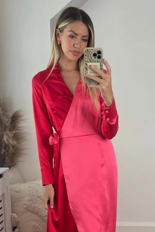 Style Cheat Pink & Red Jem Colour Block Wrap Dress - 10 Image 5