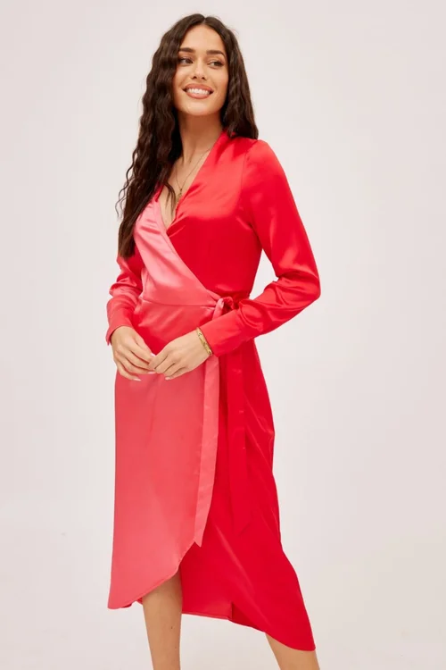 Style Cheat Pink & Red Jem Colour Block Wrap Dress - 10 Image 2