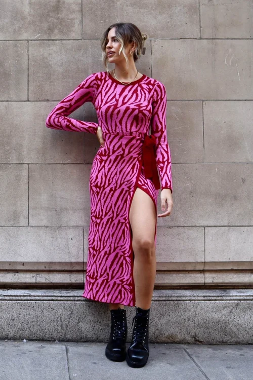 Style Cheat Pink Renee Zebra Jacquard Knitted Midaxi Dress - 10 Image 3