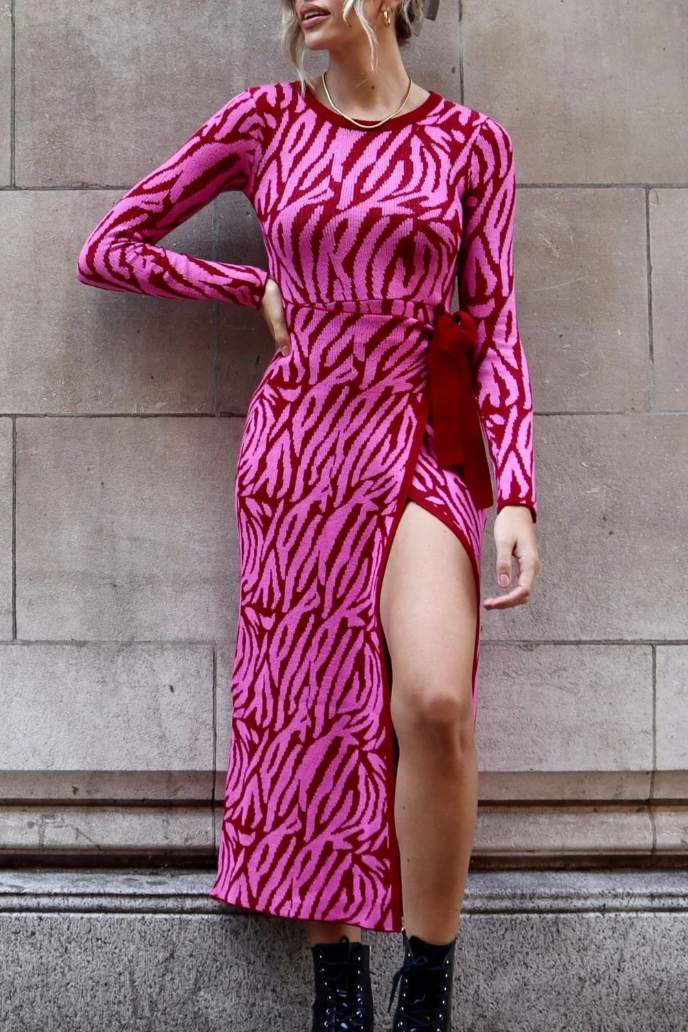 Style Cheat Pink Renee Zebra Jacquard Knitted Midaxi Dress - 10 Image 1