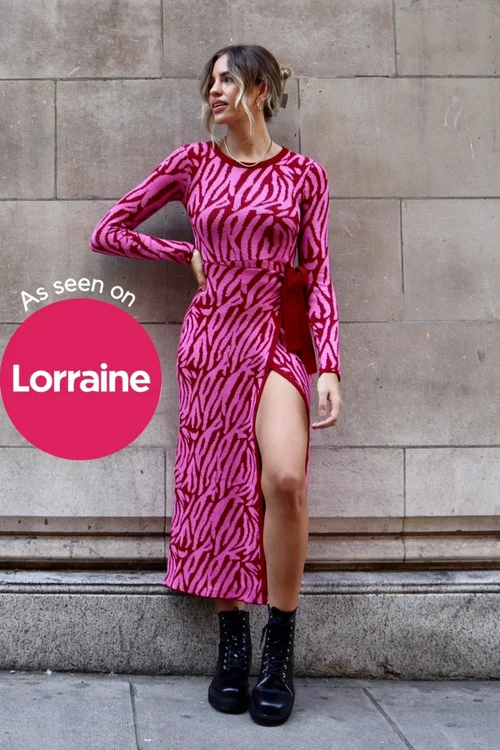 Style Cheat Pink Renee Zebra Jacquard Knitted Midaxi Dress - 10 Image 2