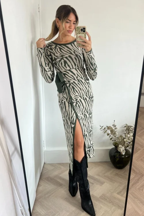 Style Cheat Khaki Renee Zebra Jacquard Knitted Midaxi Dress - 6 Image 1