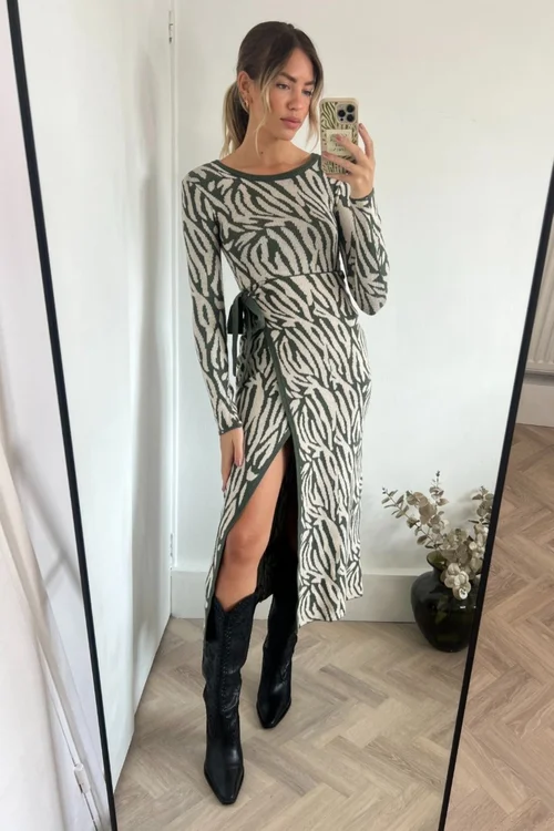 Style Cheat Khaki Renee Zebra Jacquard Knitted Midaxi Dress - 6 Image 5