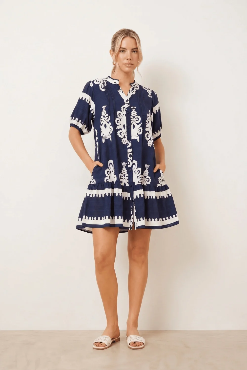 Style Cheat Navy & White Placement Print Smock Mini Dress - 8 Image 2