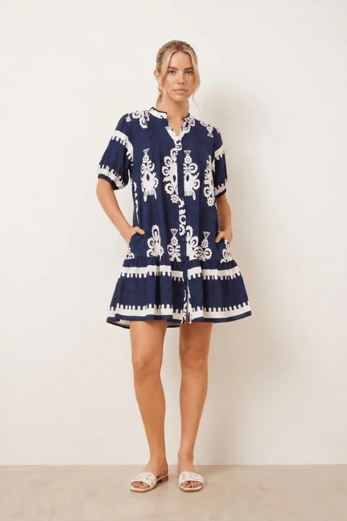 Style Cheat Navy & White Placement Print Smock Mini Dress - 8 Image 2