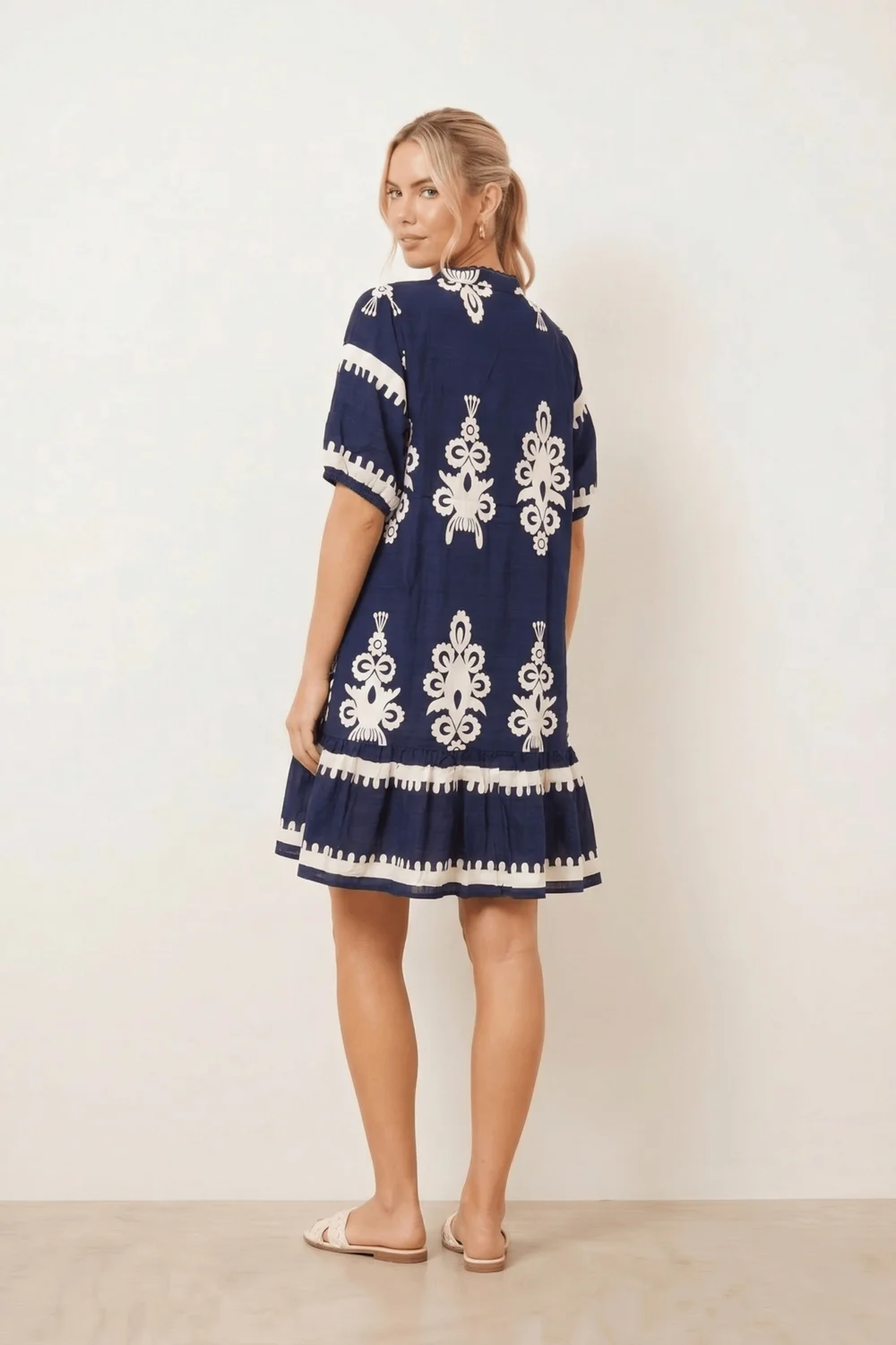 Style Cheat Navy & White Placement Print Smock Mini Dress - 8 Image 4