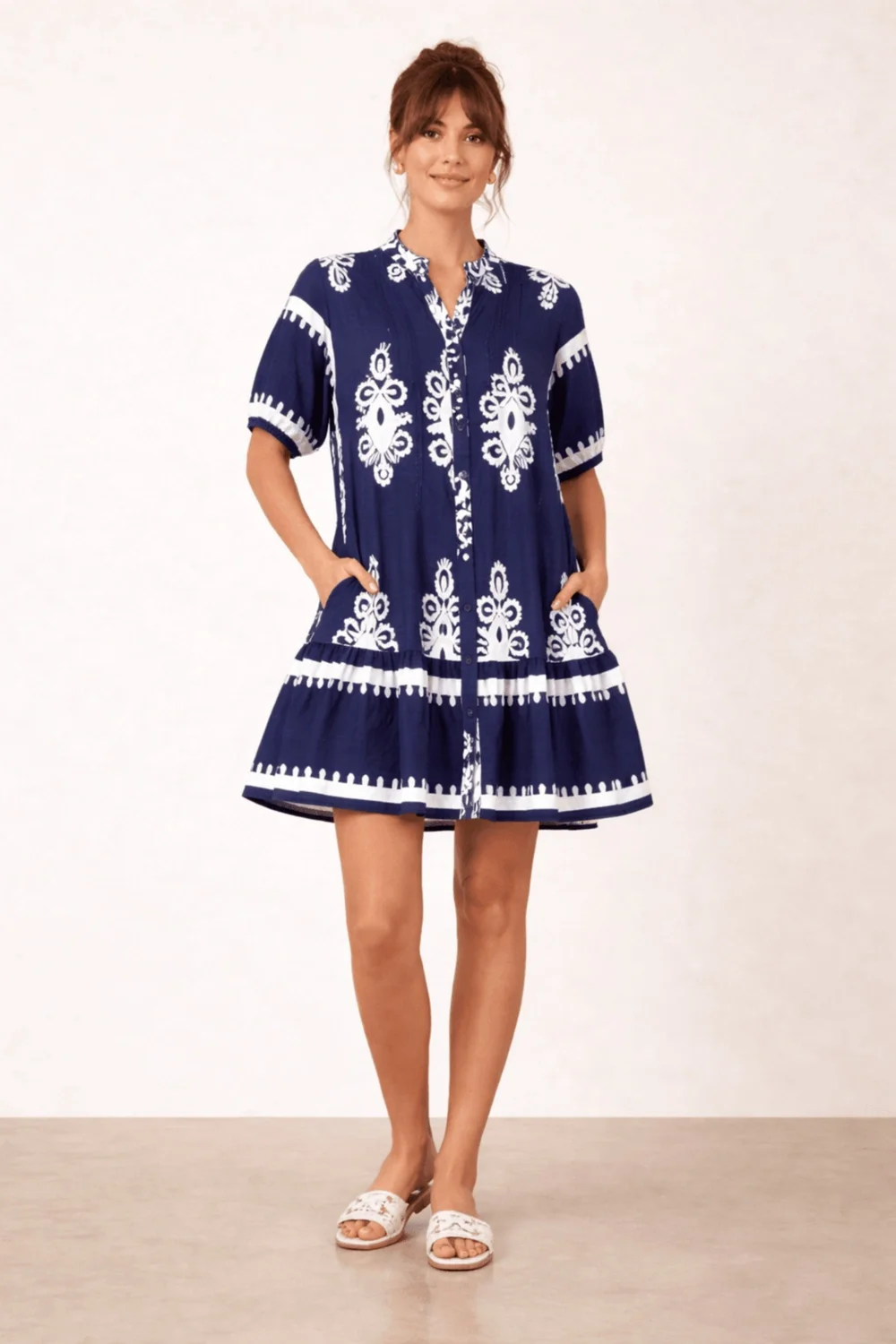 Style Cheat Navy & White Placement Print Smock Mini Dress - 8 Image 5