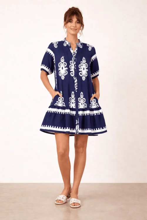 Style Cheat Navy & White Placement Print Smock Mini Dress - 8 Image 5