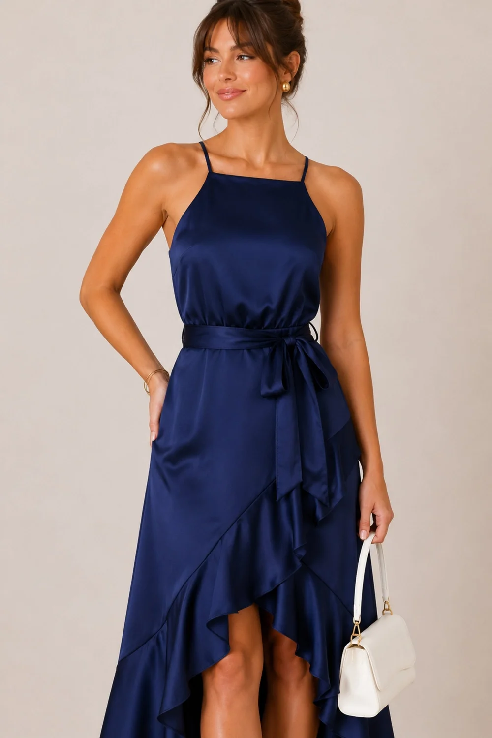 Style Cheat Navy Halter Frill Satin Midi Dress - 6 Image 2