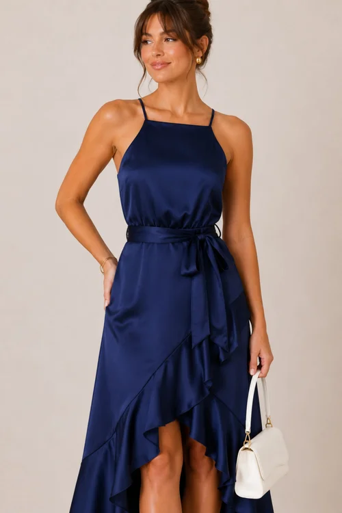 Style Cheat Navy Halter Frill Satin Midi Dress - 6 Image 2