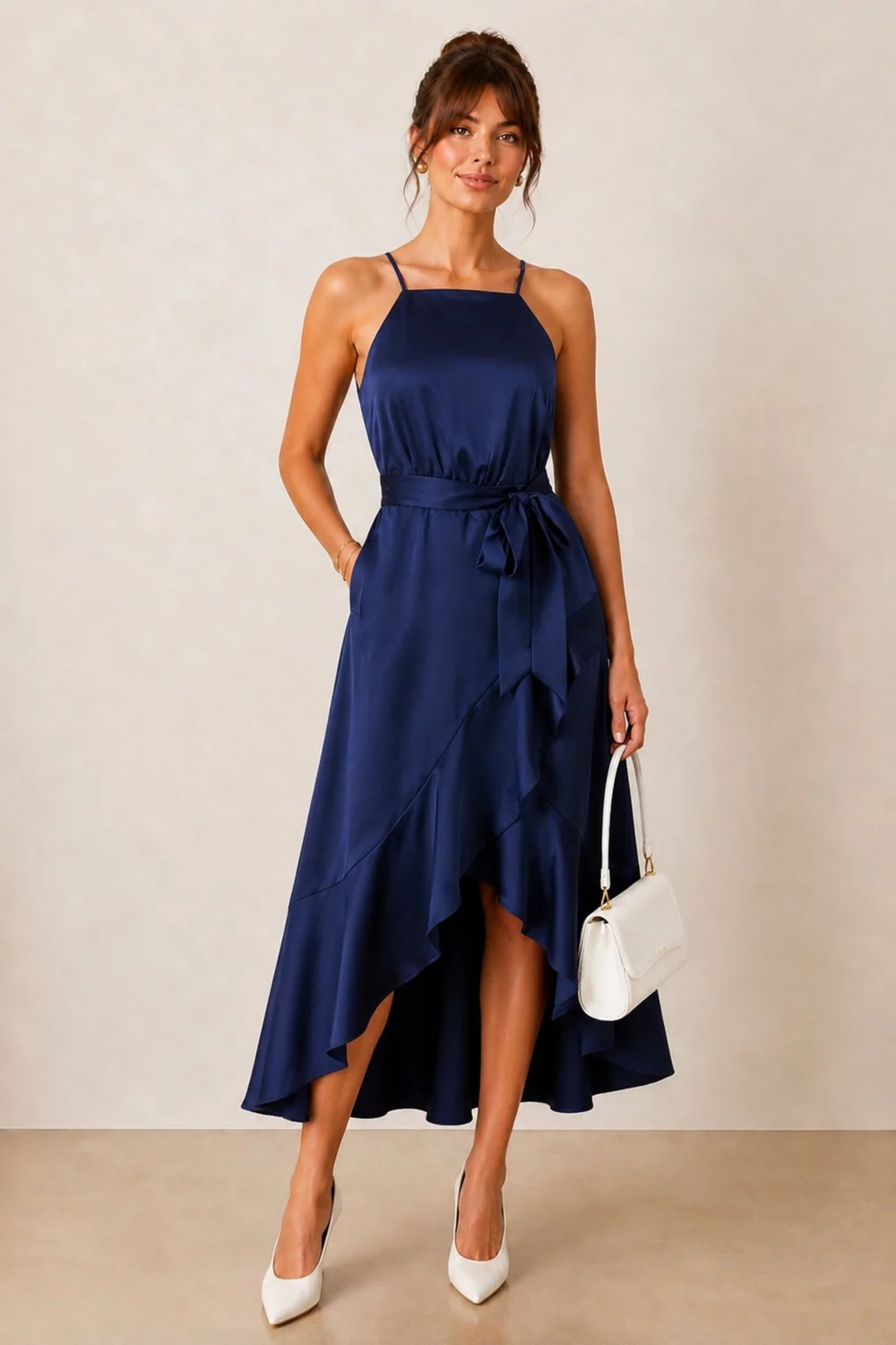 Style Cheat Navy Halter Frill Satin Midi Dress - 6 Image 1
