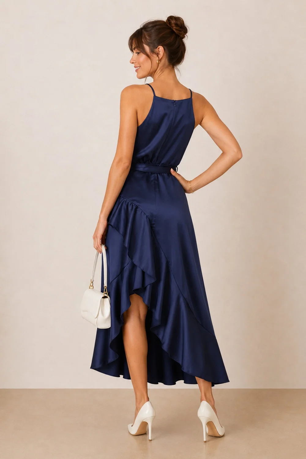 Style Cheat Navy Halter Frill Satin Midi Dress - 6 Image 4