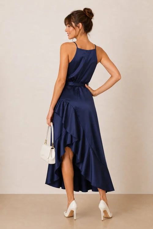 Style Cheat Navy Halter Frill Satin Midi Dress - 6 Image 4