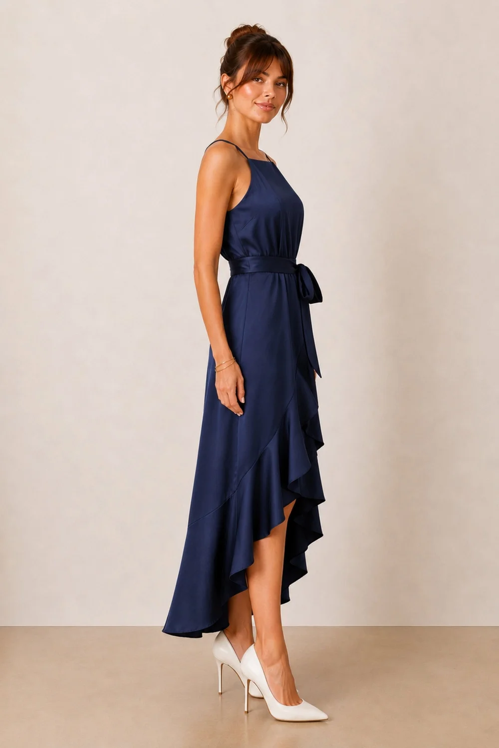 Style Cheat Navy Halter Frill Satin Midi Dress - 6 Image 3