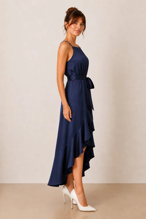 Style Cheat Navy Halter Frill Satin Midi Dress - 6 Image 3