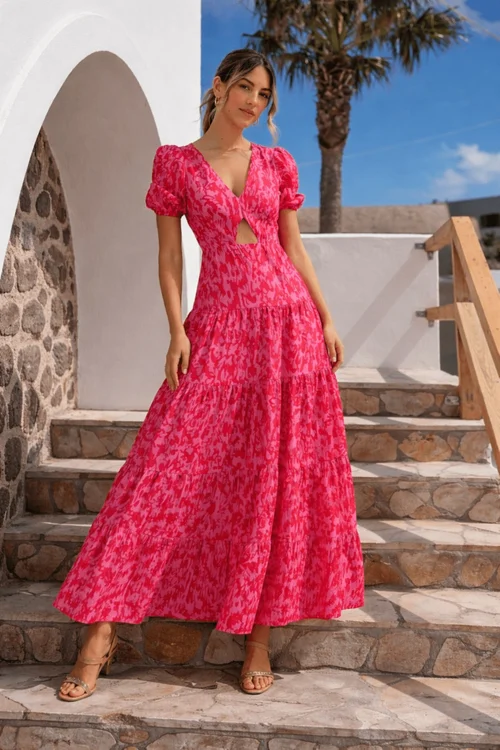 Style Cheat Pink Animal Zoe Tiered Cutout Maxi Dress - 8 Image 1