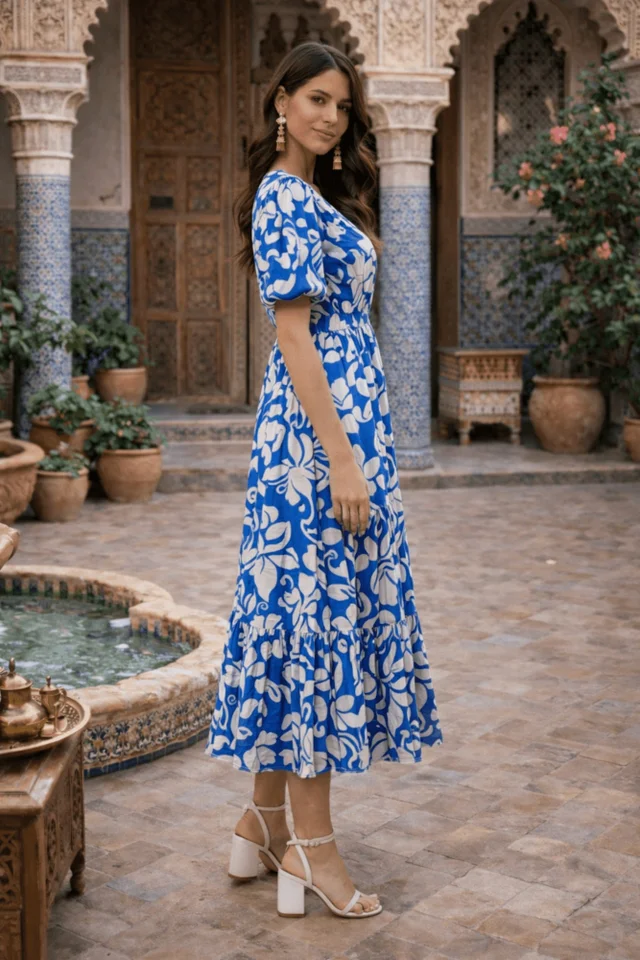 Style Cheat Blue Printed Puff Sleeve Midi Dress