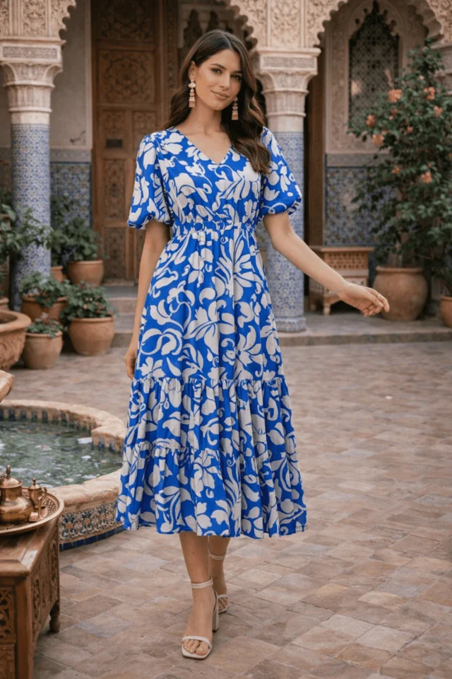 Style Cheat Blue Printed Puff Sleeve Midi Dress