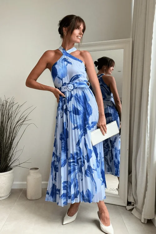 Style Cheat Blue Floral Paige Halter Pleated Belted Dress - 8 Image 4