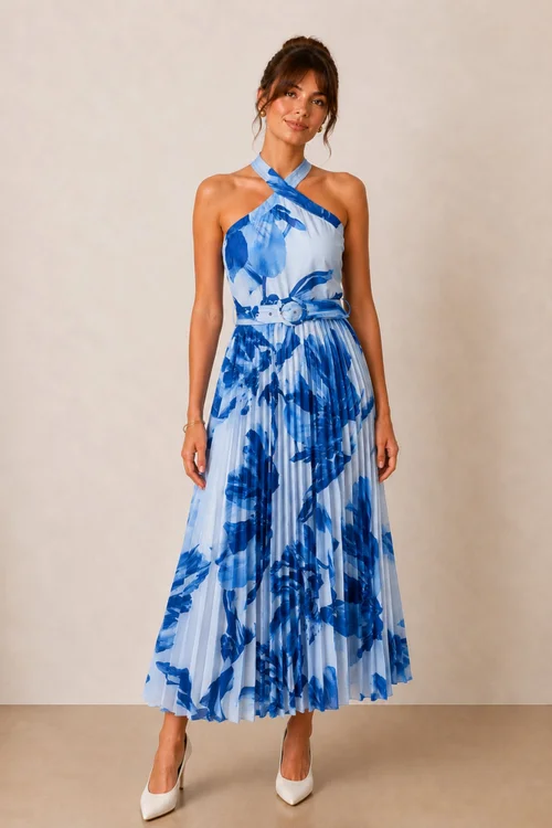 Style Cheat Blue Floral Paige Halter Pleated Belted Dress - 8 Image 5