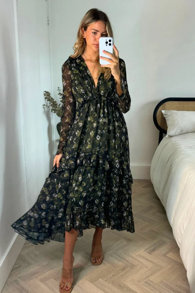 Style Cheat Blurred Khaki Floral Birdie Frill Tie Back Maxi Dress