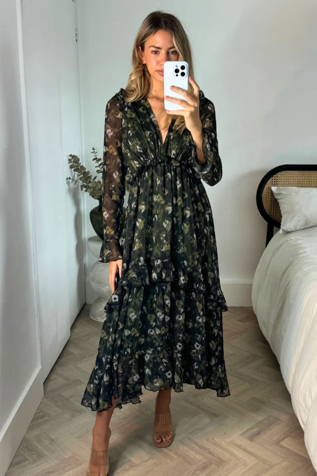 Style Cheat Blurred Khaki Floral Birdie Frill Tie Back Maxi Dress