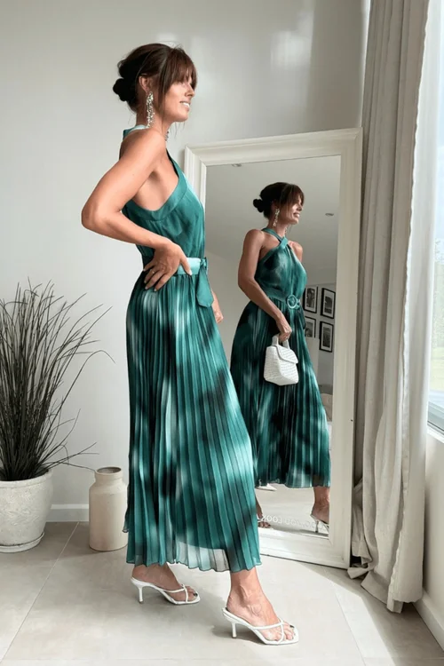 Style Cheat Green Floral Print Paige Halter Pleated Belted Dress - 12 Image 3