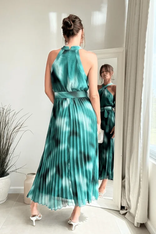 Style Cheat Green Floral Print Paige Halter Pleated Belted Dress - 12 Image 4