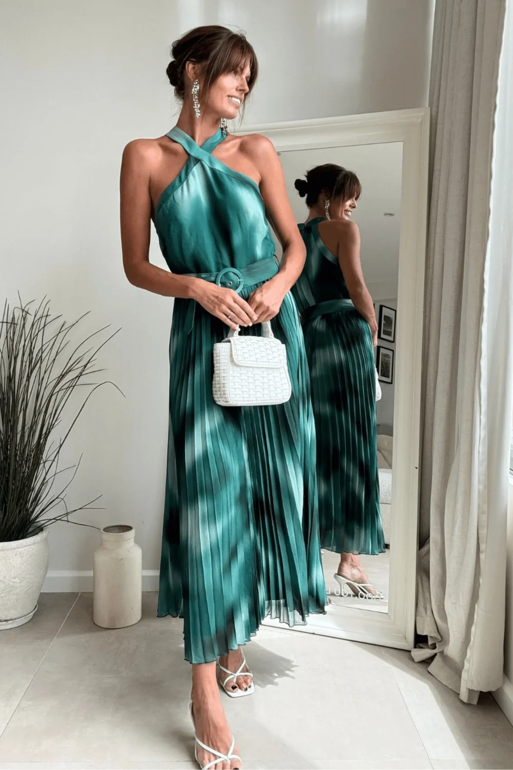 Style Cheat Green Floral Print Paige Halter Pleated Belted Dress - 12 Image 5