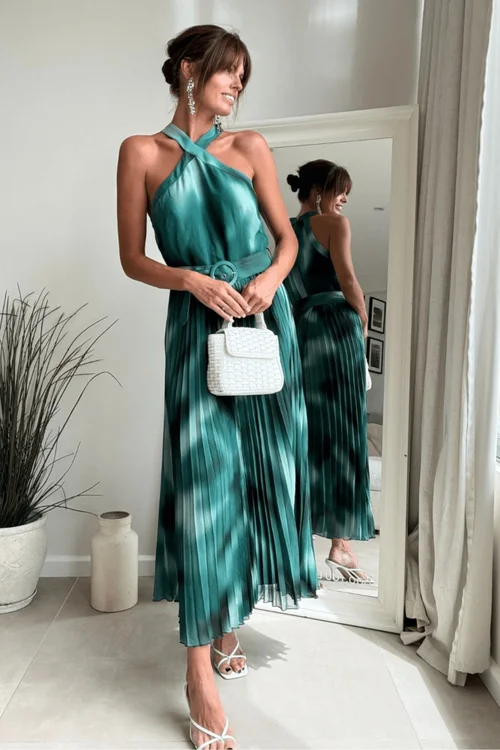 Style Cheat Green Floral Print Paige Halter Pleated Belted Dress - 12 Image 5