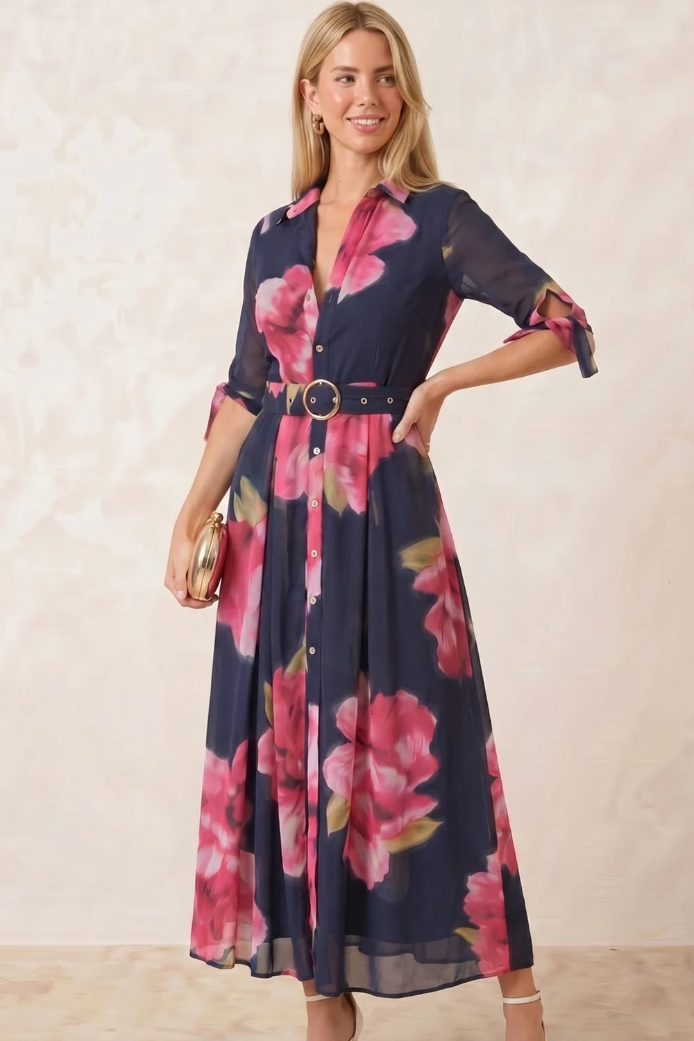 Style Cheat Navy Floral Daphne Belted Shirt Dress - 10 Image 3