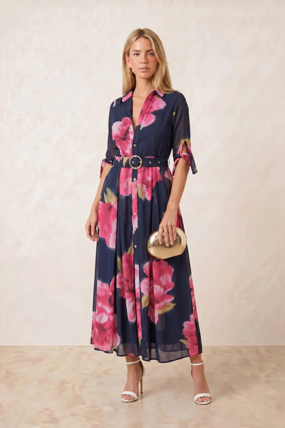 Style Cheat Navy Floral Daphne Belted Shirt Dress - 10 Image 1