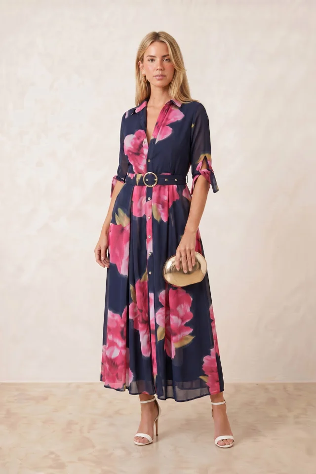 Style Cheat Navy Floral Daphne Belted Shirt Dress