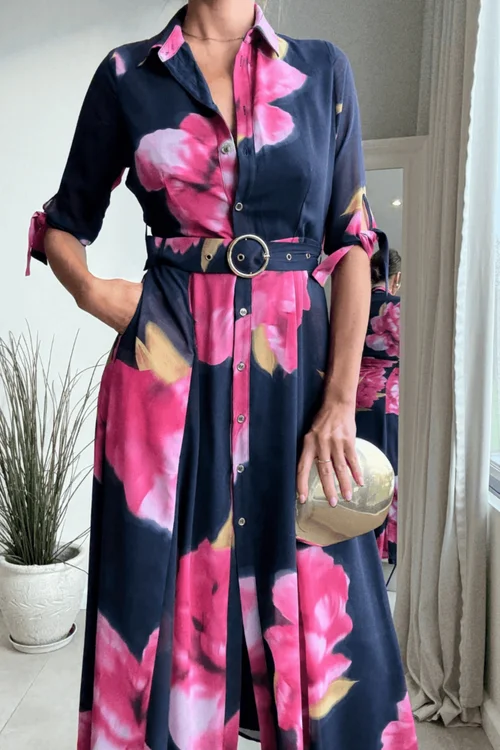 Style Cheat Navy Floral Daphne Belted Shirt Dress - 10 Image 5