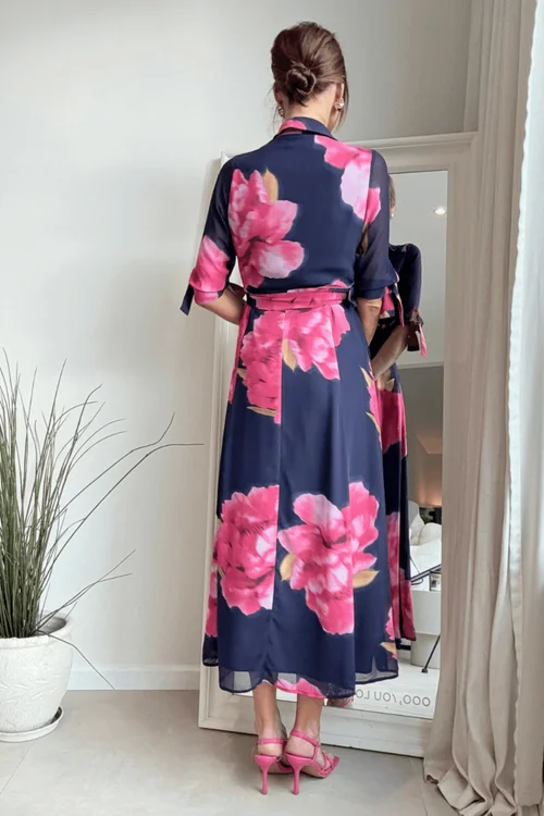 Style Cheat Navy Floral Daphne Belted Shirt Dress - 10 Image 6