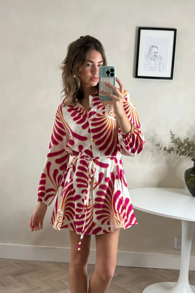 Style Cheat Red & Cream Myla Mini Tie Shirt Dress