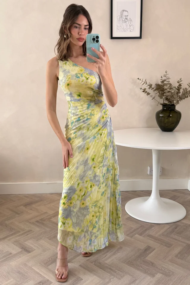 Style Cheat Yellow Floral Marley Asymmetric Pleated Maxi Dress