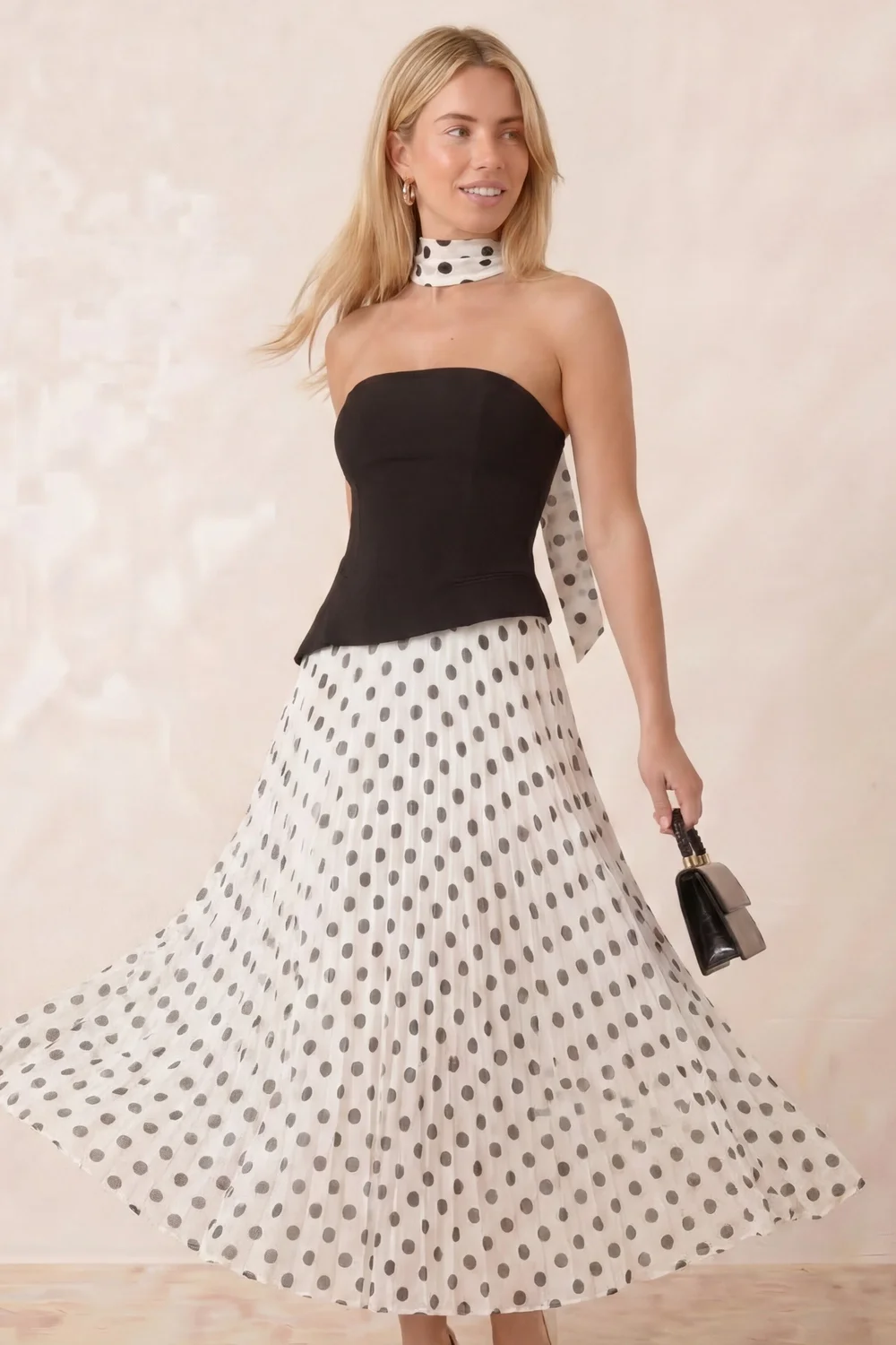 Style Cheat Black Mono Polka Dot Viola Scarf Bandeau Pleat Dress - 10 Image 3
