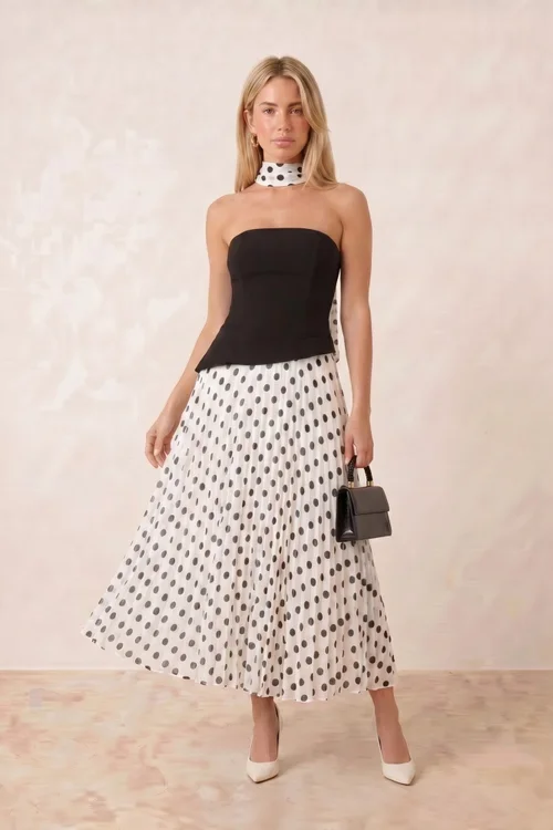 Style Cheat Black Mono Polka Dot Viola Scarf Bandeau Pleat Dress - 10 Image 1