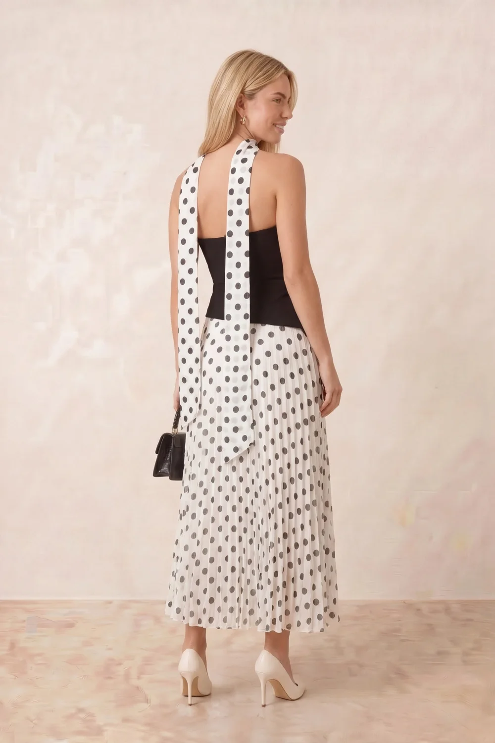 Style Cheat Black Mono Polka Dot Viola Scarf Bandeau Pleat Dress - 10 Image 4