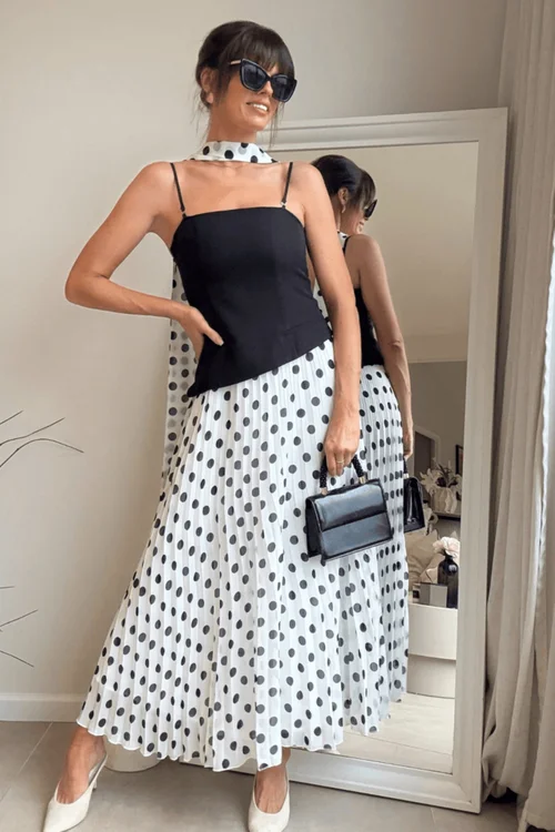 Style Cheat Black Mono Polka Dot Viola Scarf Bandeau Pleat Dress - 10 Image 6