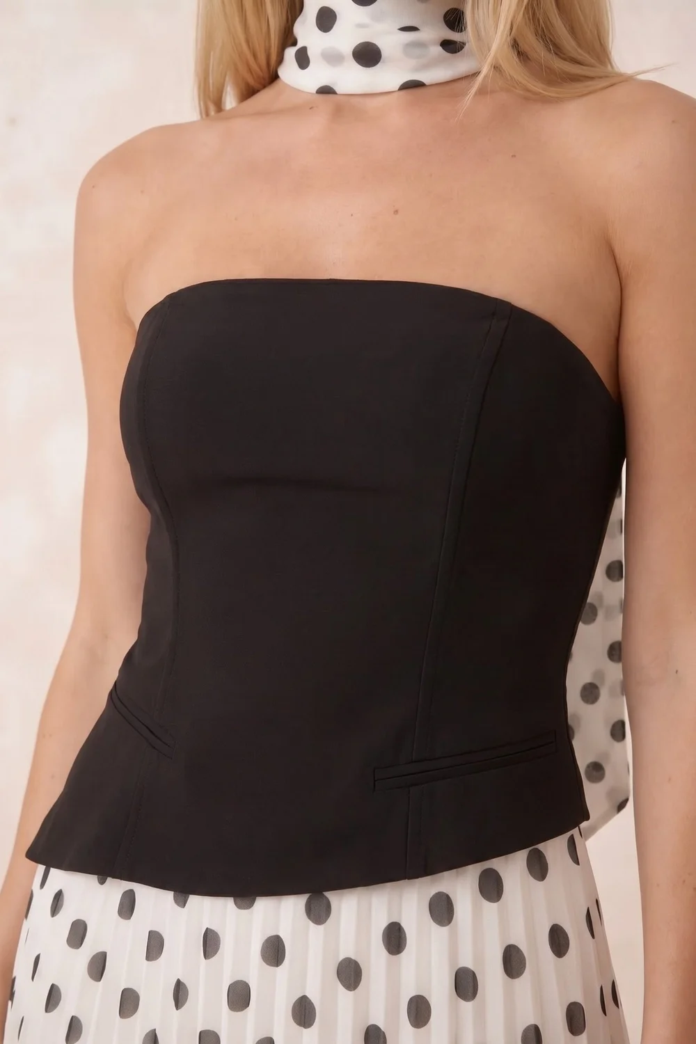 Style Cheat Black Mono Polka Dot Viola Scarf Bandeau Pleat Dress - 10 Image 2
