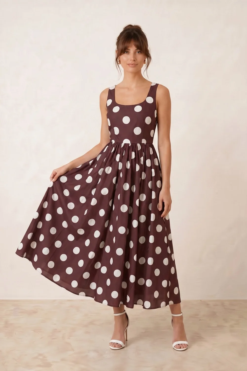 Style Cheat Chocolate Brown & Cream Davica Polka Dot Midi Dress - 16 Image 1